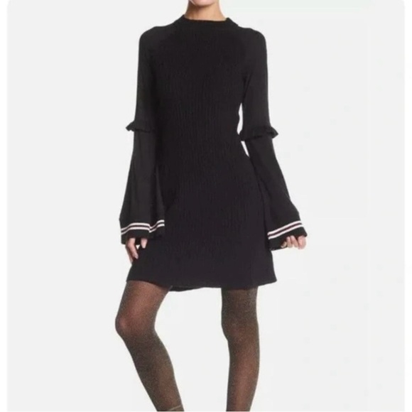 Free People Dresses & Skirts - Free People Black Zou Bisou Ribbed Knit Bell Sleeve Sweater Dress Size Small